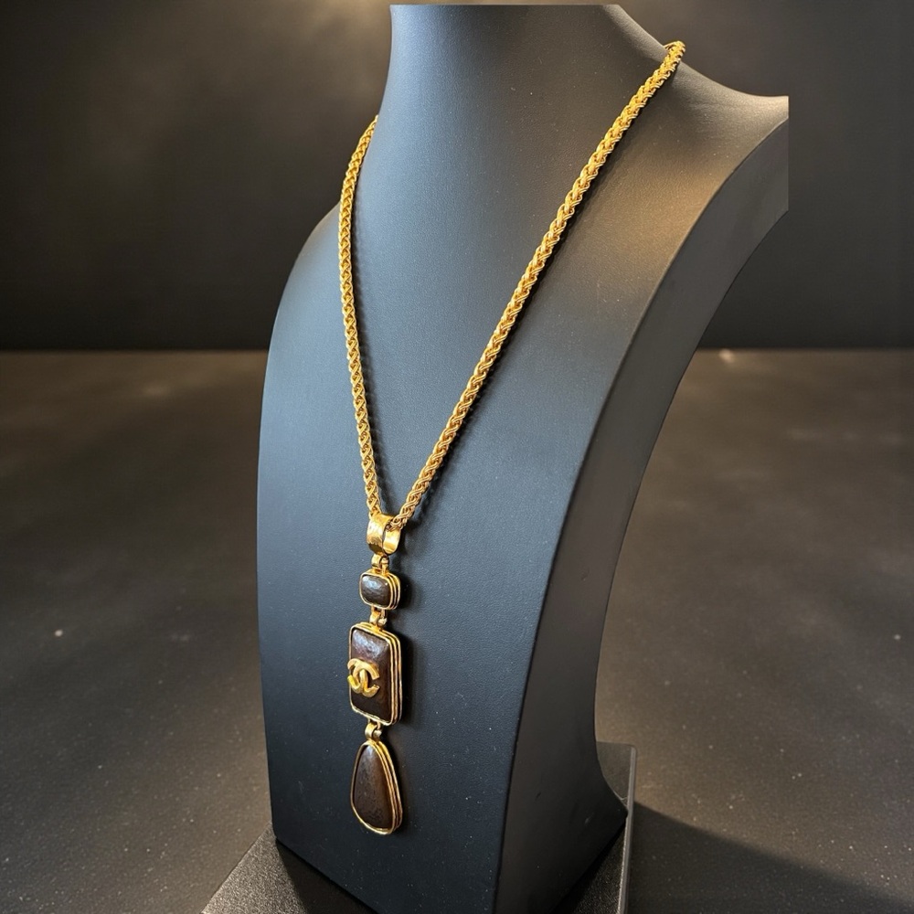CHANEL 24 Gold Plated Necklace with Brown Stone Accents - Picture 11 of 13